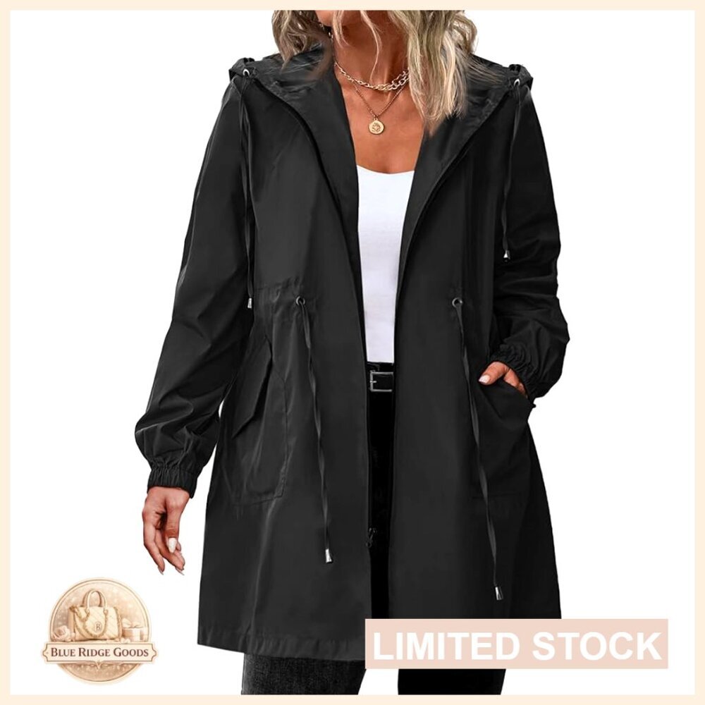 Lightweight Waterproof Raincoat Hooded Windbreaker Long Trench Jacket Plus Size